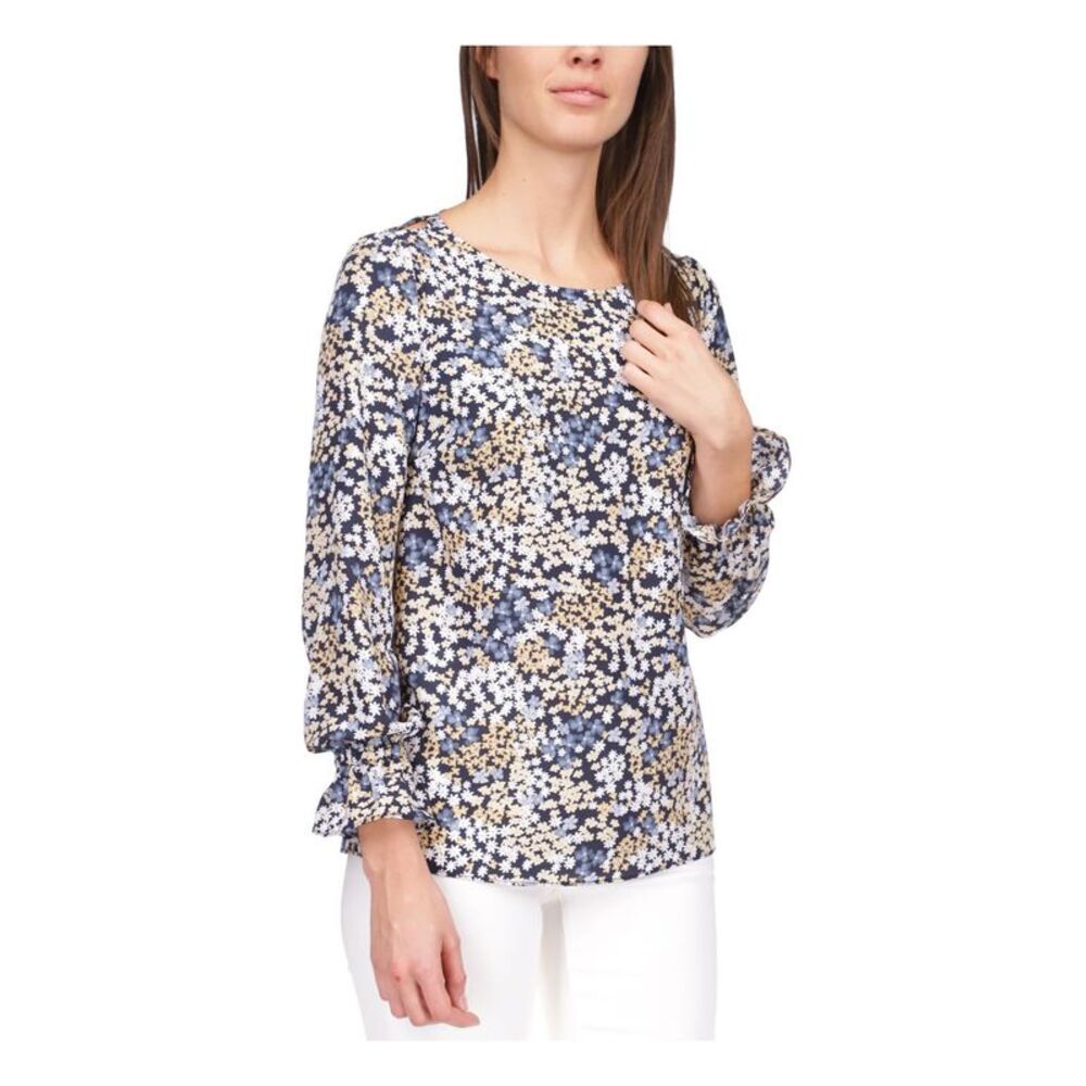 MICHAEL MICHAEL KORS Womens Navy Monogram Hardware Long Sleeve Top XXS